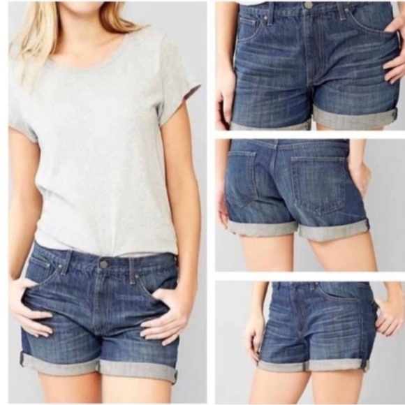 Gap 1969 Sexy Boyfriend Dark Denim Mid Rise 5”Shorts Stretch Cuffs Fleut Wash 25 - Picture 3 of 15